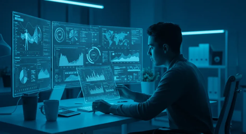 AI marketing dashboard with new tools for 2025 in a futuristic workspace