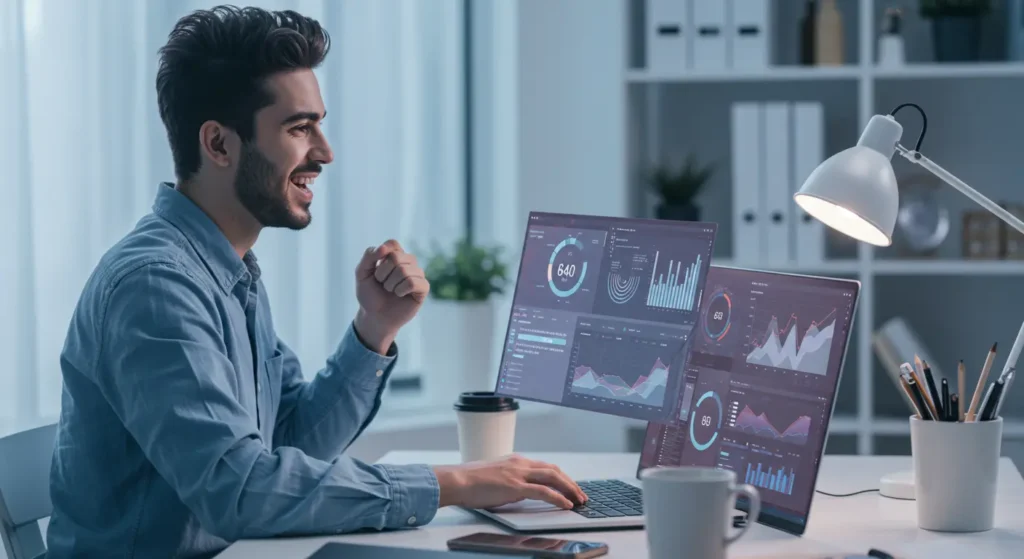 Entrepreneur analyzing AI marketing tips 2025 on a laptop dashboard, with graphs and campaign data, in a modern workspace.