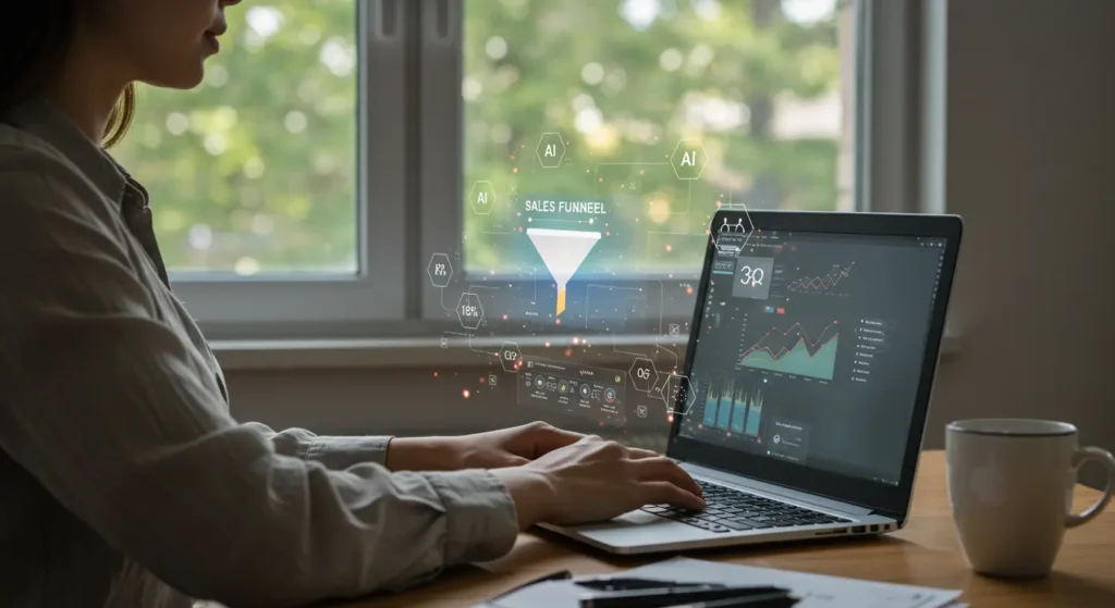 AI sales funnel step by step using free tools displayed on a laptop screen, with a female entrepreneur working in a bright modern office.