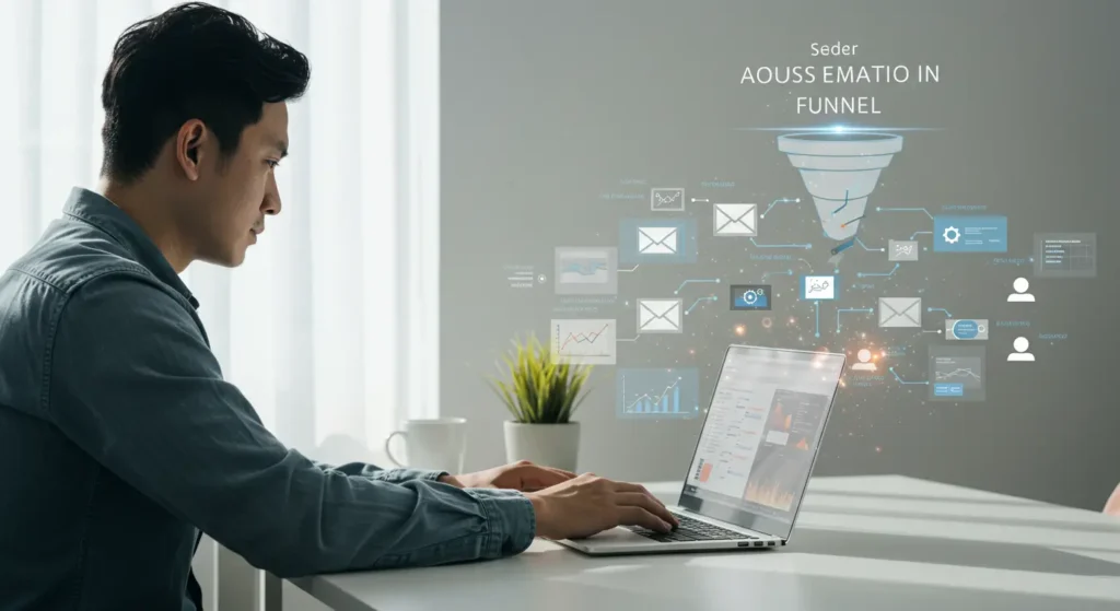 Entrepreneur building an AI sales funnel step by step using digital tools, with email automation and AI-generated visuals on laptop screen.