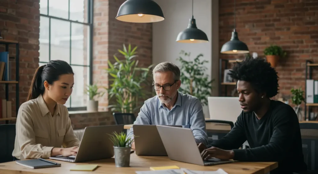 A realistic photo of a modern small business team using AI tools on laptops in a creative office space, representing the topic "Top 5 Free AI Tools for Small Businesses in 2025".