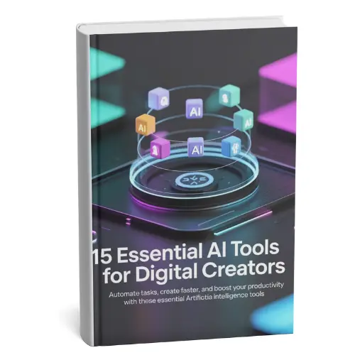 Cover of the eBook “15 Essential AI Tools for Digital Creators” featuring a modern design with digital icons and technology-themed graphics representing various AI tools.